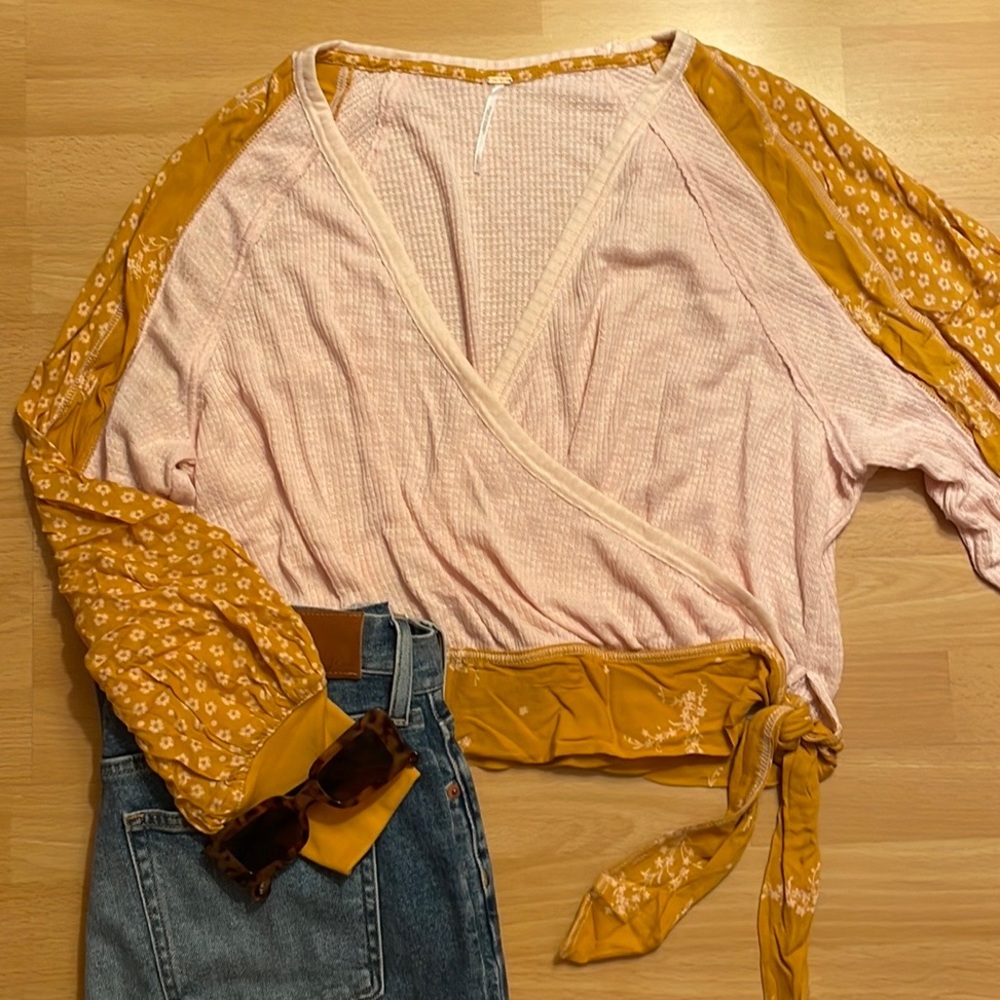 Free People Long Sleeve Faux Wrap Pink and Yellow Floral Top size small
